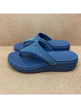 Crocs Womens Monterey Diamante Wedge Flip Flop Blue Sandals Size 10 Dual Comfort
